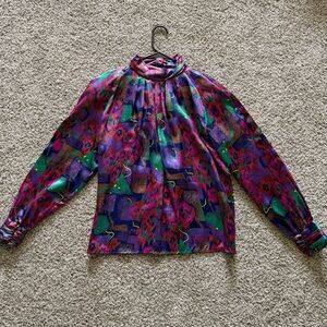 Women’s Elegant Multicolor Dress Blouse with Shoulder Pads Purple Blue Teal